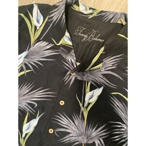 TOMMY BAHAMA Mens Size L Black Tropical Flower 100% Silk‎ Hawaiian Shirt